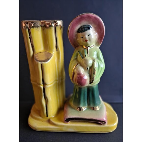 Vintage Asian Figurine w/Bamboo Vase #702 | Shawnee Pottery - Picture 1 of 12